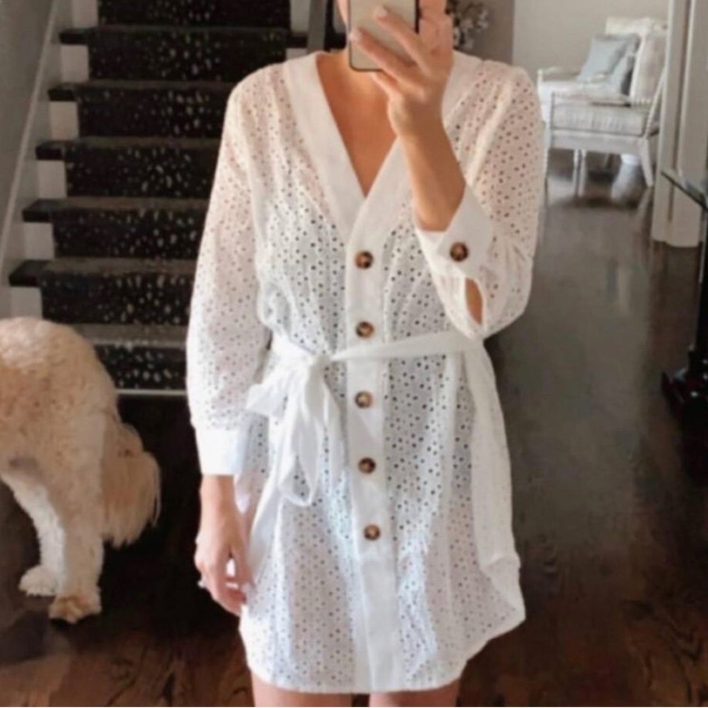 Zara | Eyelet Tie Button Down Linen Dress